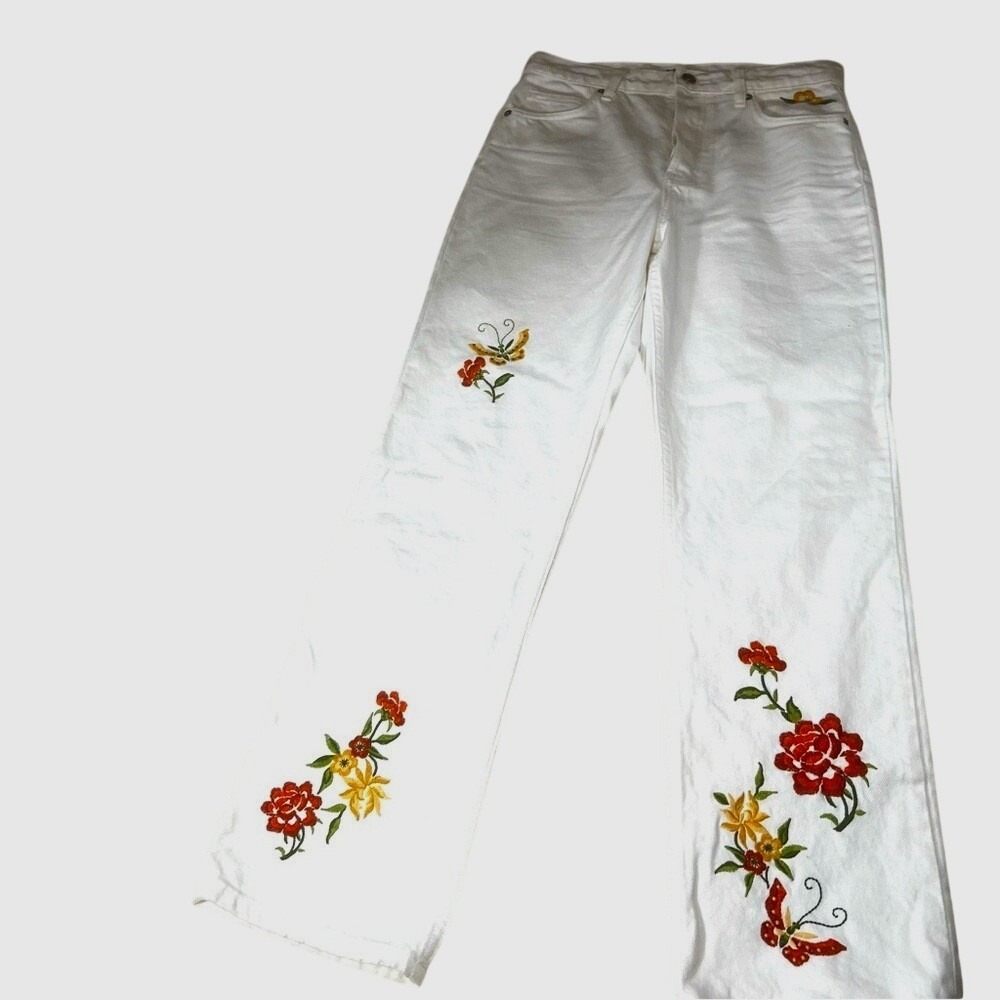 Reformation White Cynthia Straight Leg Mid Rise Denim Jeans size 27 embroidered - Picture 6 of 12